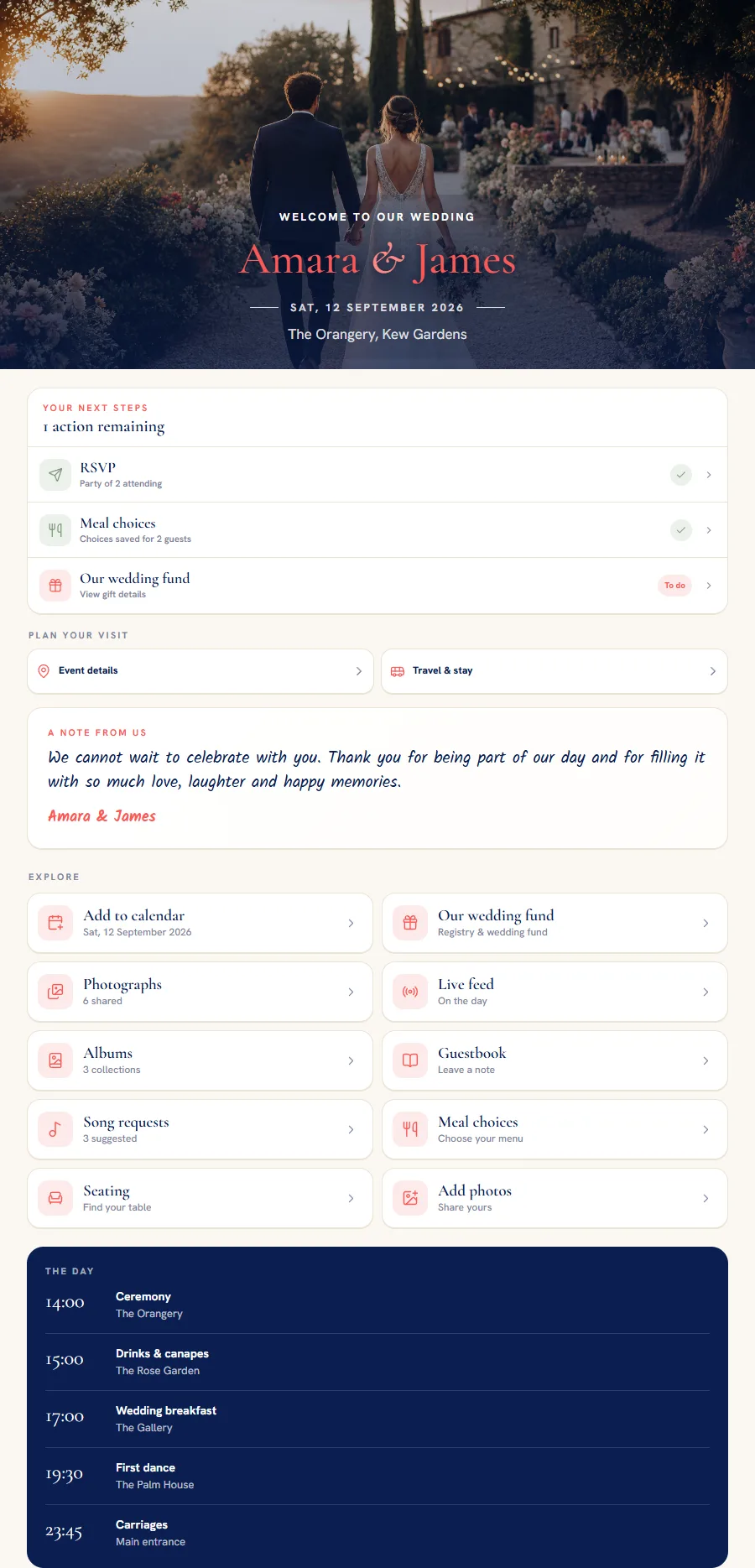 GuestiGram guest experience showing the wedding welcome, RSVP actions and guest tools