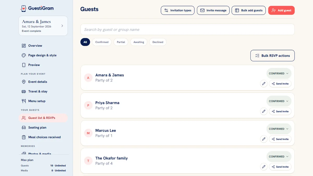 GuestiGram public demo showing the host guest list and RSVP management