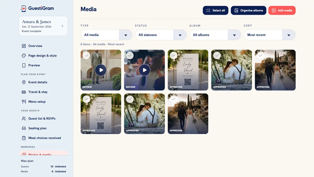 GuestiGram public demo showing a host gallery of guest photos and videos