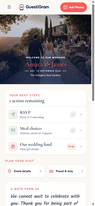 Desktop guest home page showing the wedding welcome, key actions, visit information and event navigation.