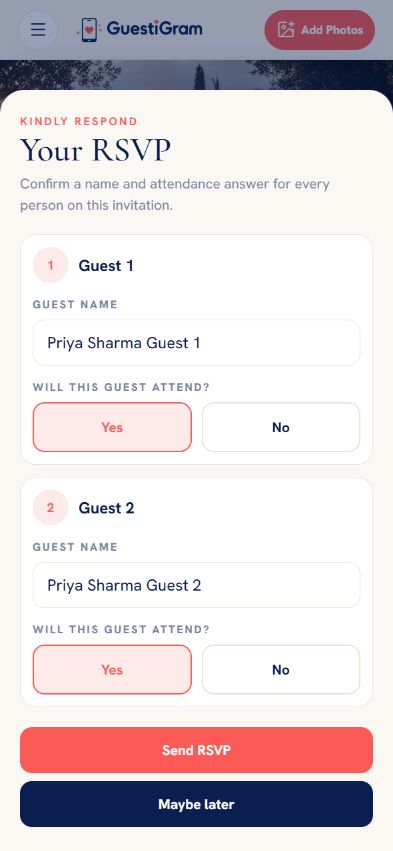 Guest RSVP form showing one Yes or No response for each invited person.