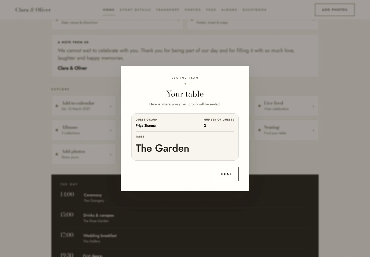 The guest seating result shows the invitation group and its assigned table.