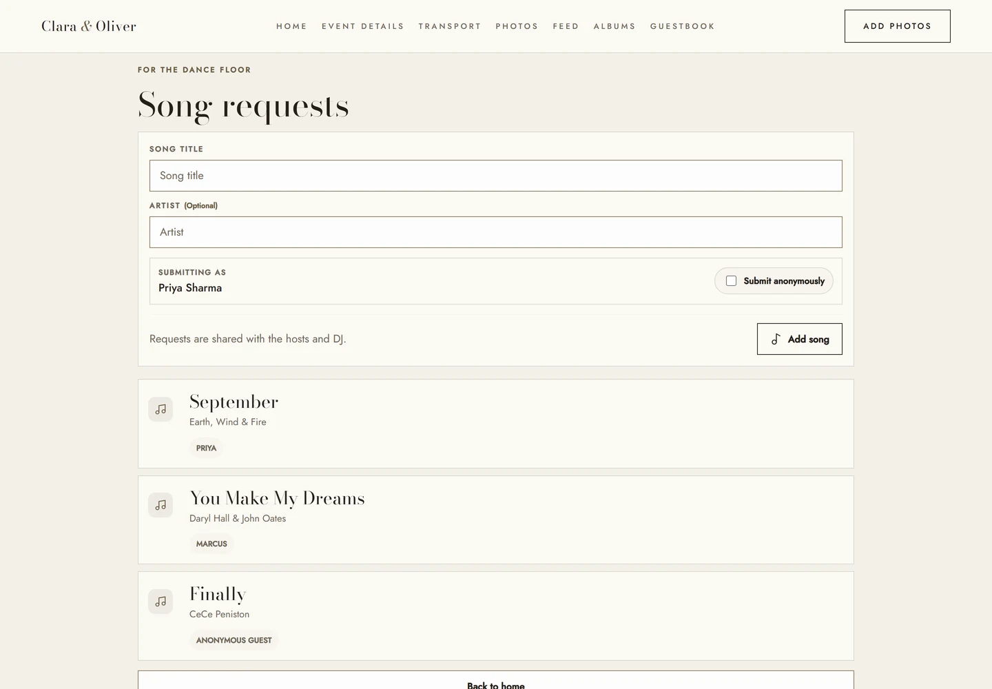 Guests can submit their song and optional artist from the guest Song requests page.