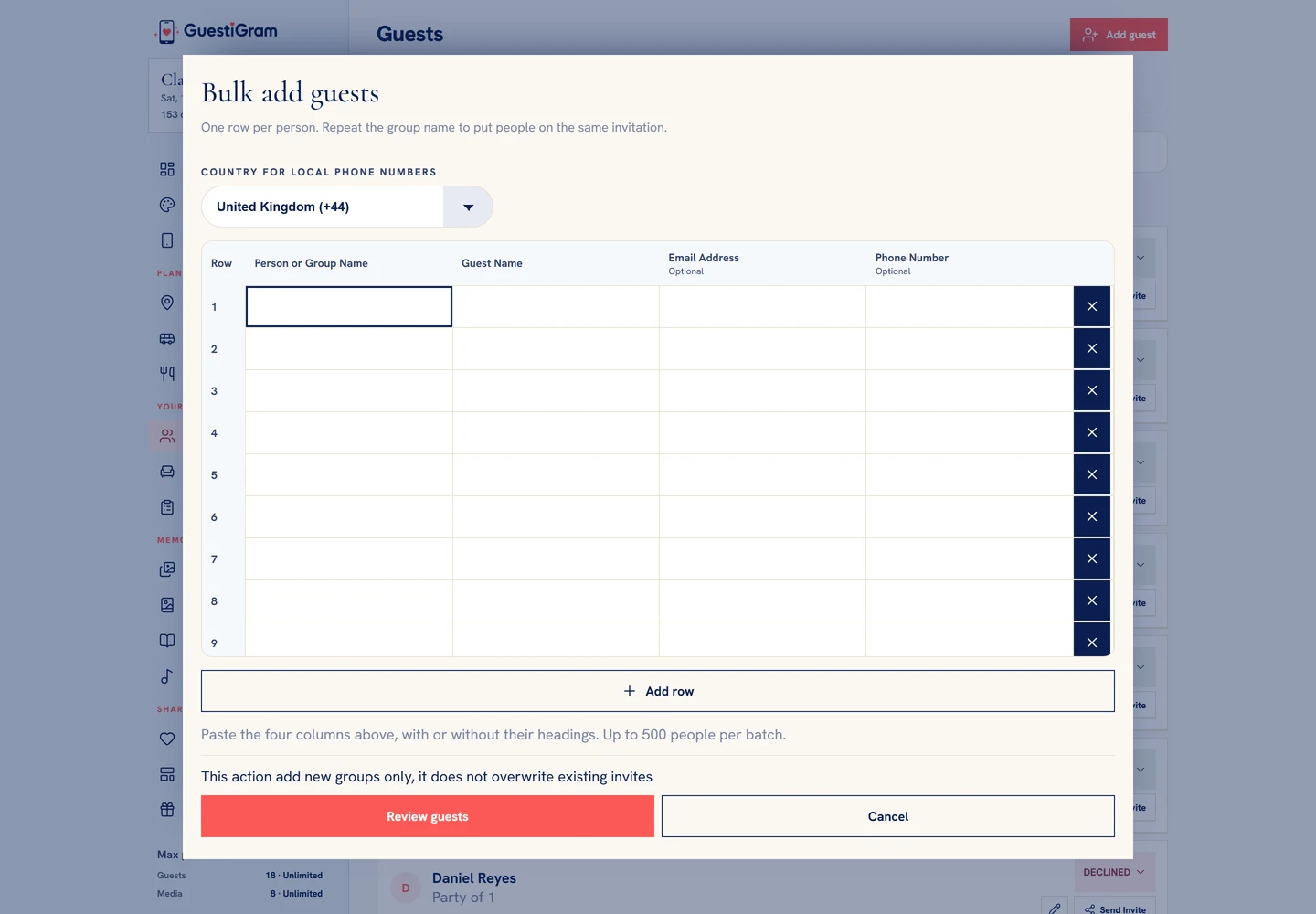 Bulk add guests accepts spreadsheet rows and separates entry from review.