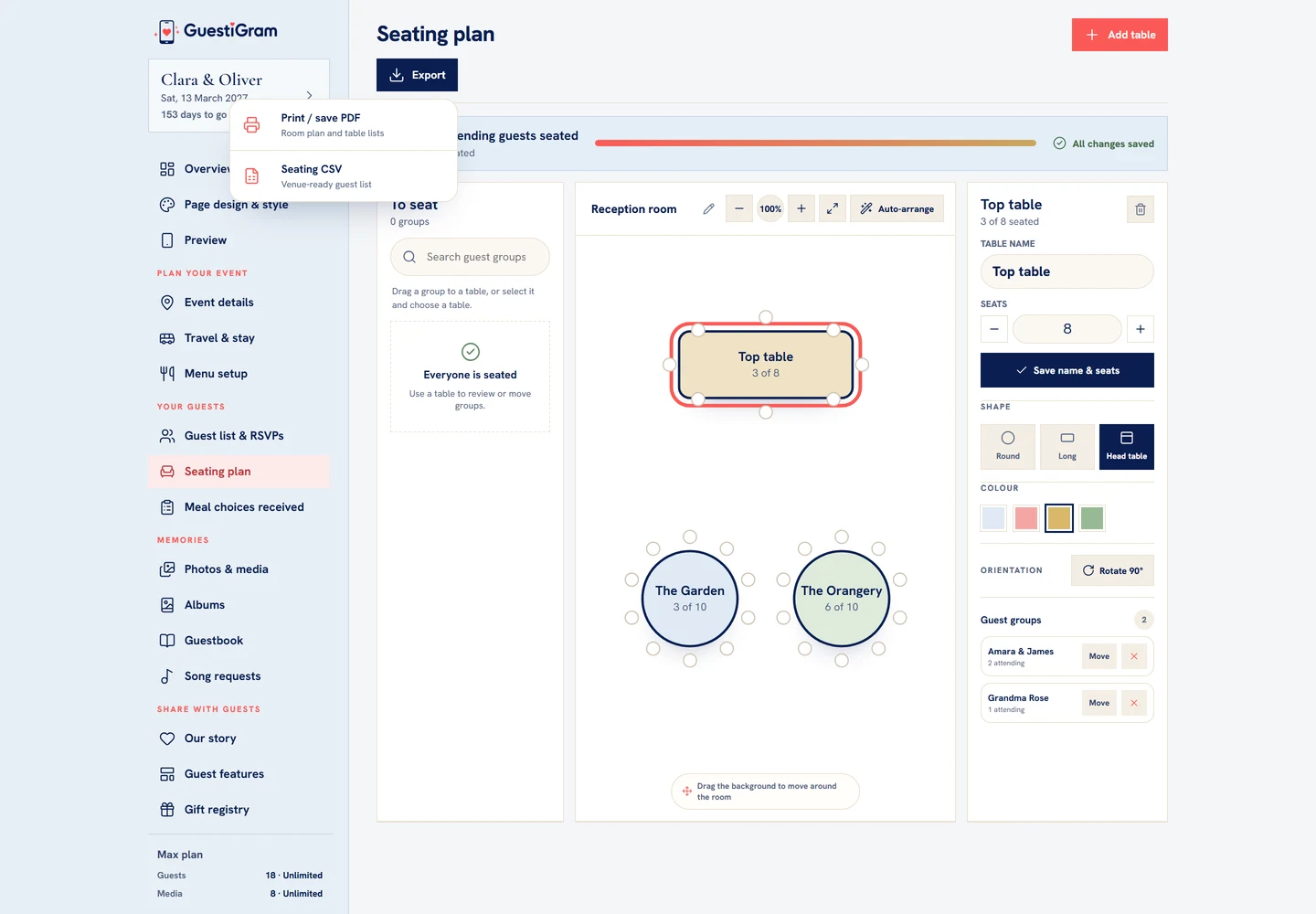 Seating plan’s Export menu provides Seating CSV and Print / save PDF.