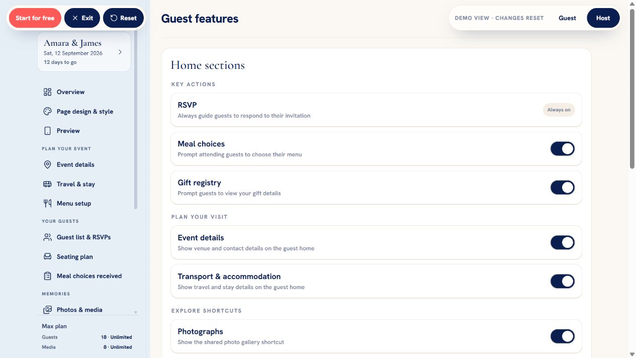 GuestiGram Guest features page showing Key actions, Plan your visit and Explore controls.