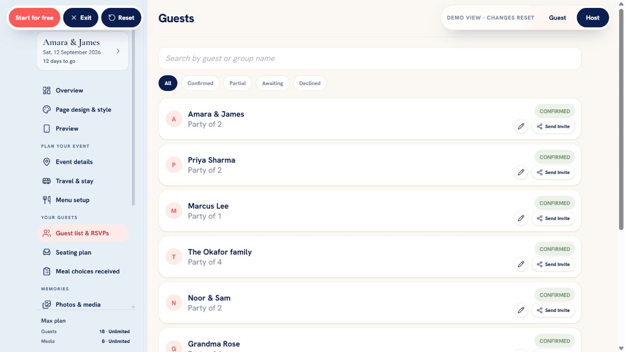 GuestiGram Guest list and RSVPs page showing invitation groups and RSVP status controls.
