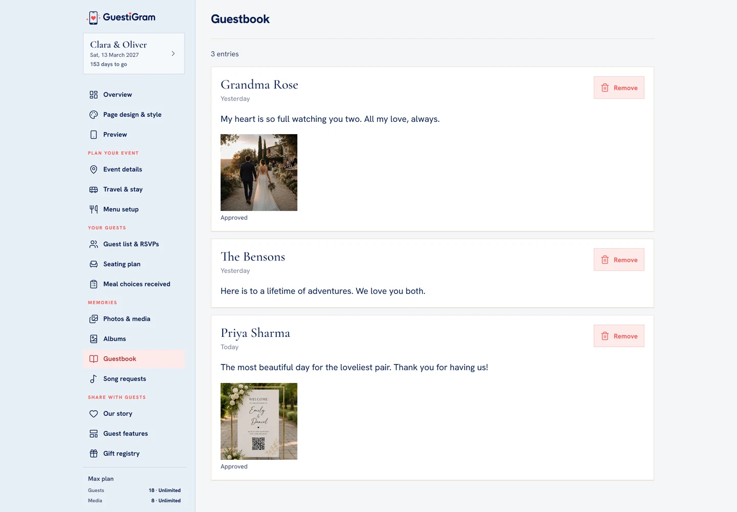 Host Guestbook now shows each entry’s message, attachments and a Remove control.