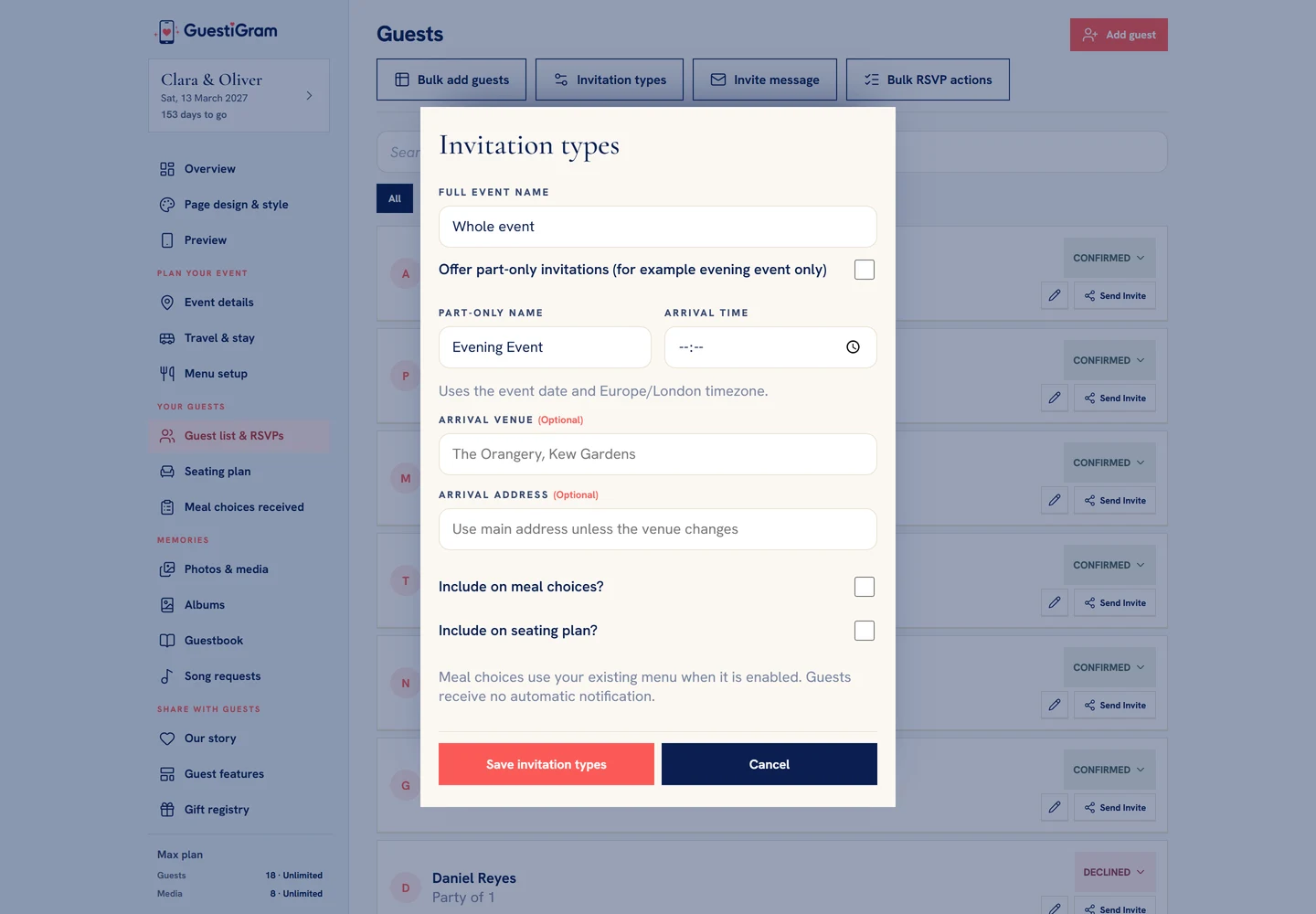 Invitation types now includes editable full-event and part-only names, arrival details and eligibility switches.