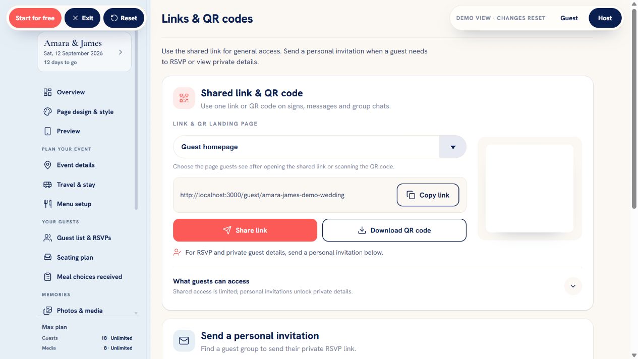 GuestiGram Links and QR codes page showing the shared link, QR download and personal invitation search.