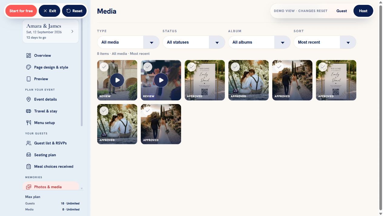 GuestiGram Photos and media page showing filters, approval states and selectable media cards.