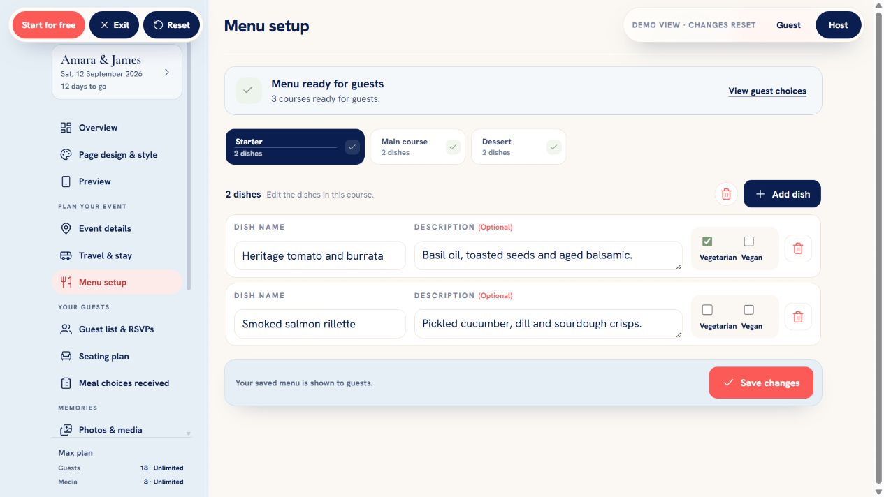 GuestiGram Menu setup showing horizontal course tabs and compact full-width dish rows.