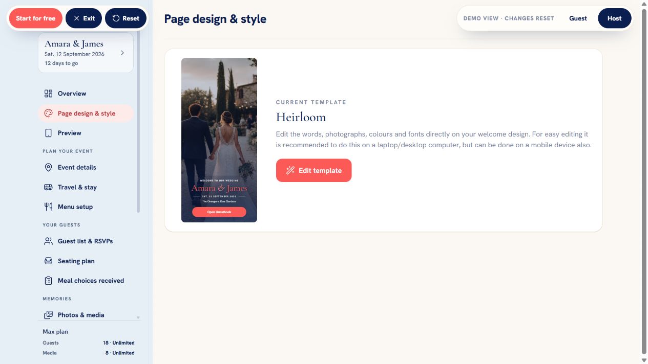 GuestiGram Page design and style page with template controls and a live guest preview.