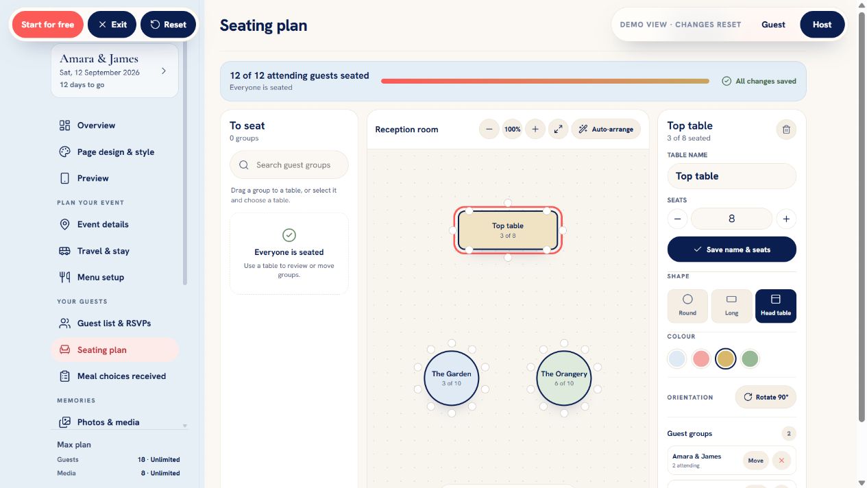 GuestiGram spatial seating planner showing draggable tables, guests to seat and a selected table inspector.