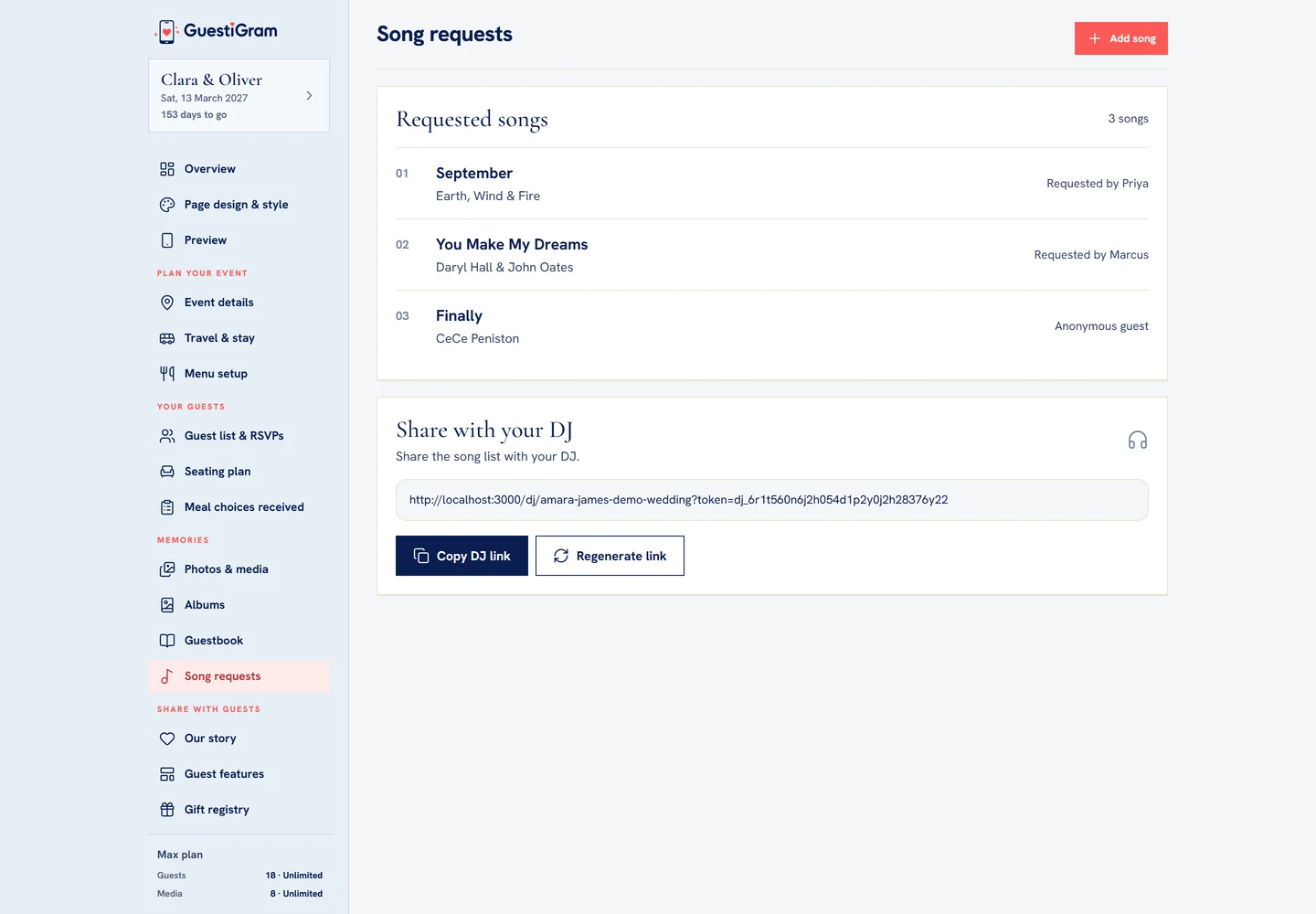 Song requests uses a compact Add song editor and a separate Share with your DJ panel.