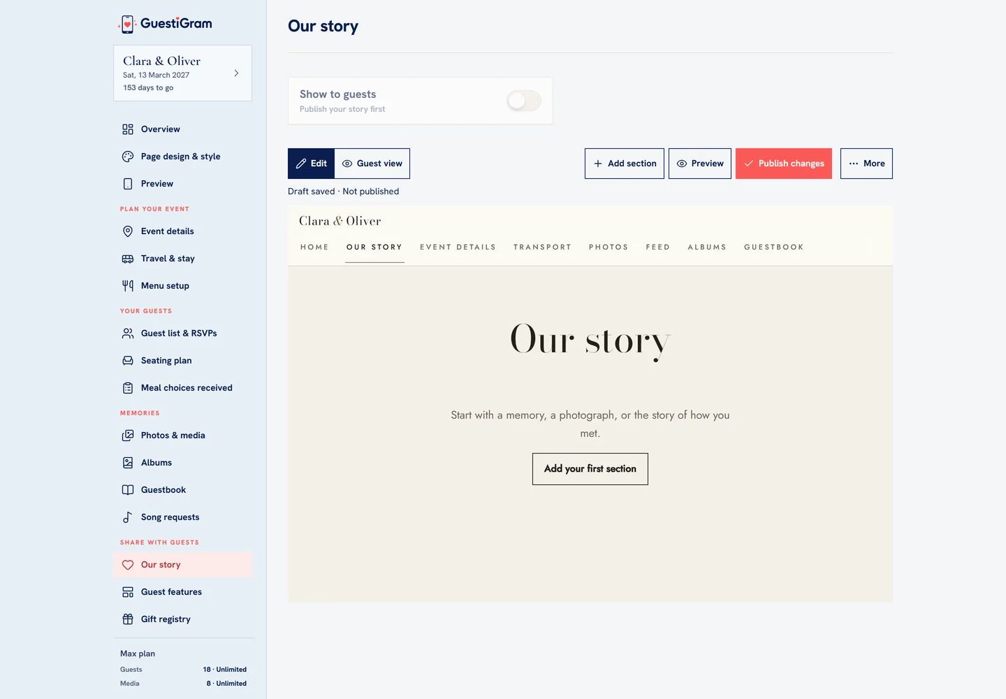 Our story separates editing, guest preview, publication and guest visibility.