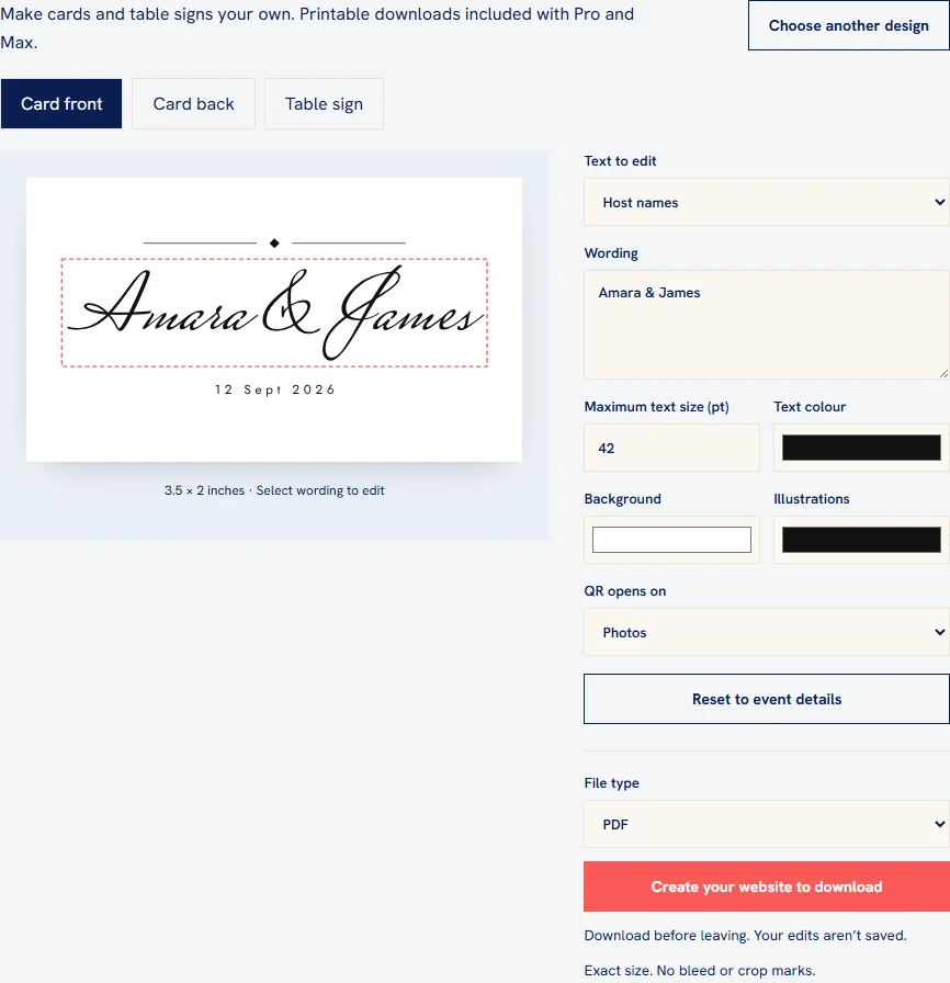 The photo-sharing editor with a personalised card, wording controls and format tabs.