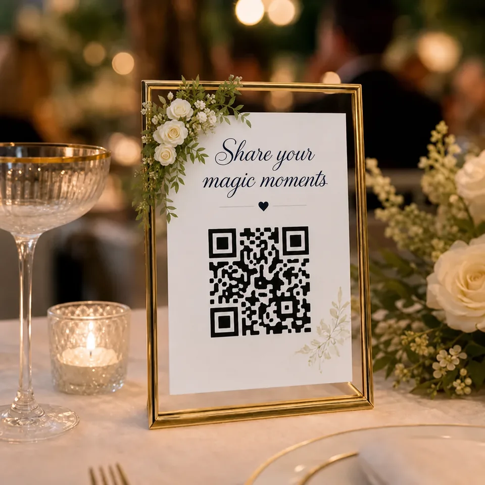 A framed wedding QR sign reading Share your magic moments