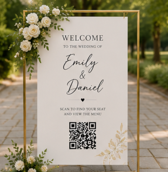 Personalised wedding welcome sign with a QR code